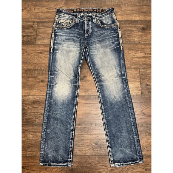 Rock Revival Men’s Rexford Relaxed Taper Jeans 32x32 Grunge Embroidered - Picture 1 of 10